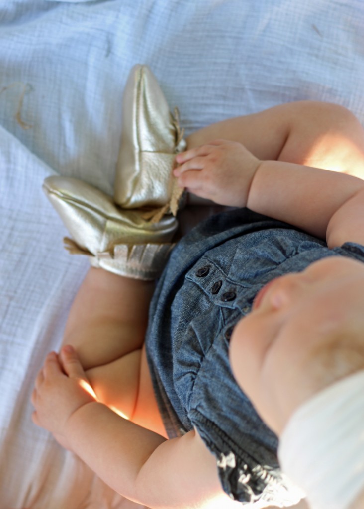 chambray romper and gold mocs