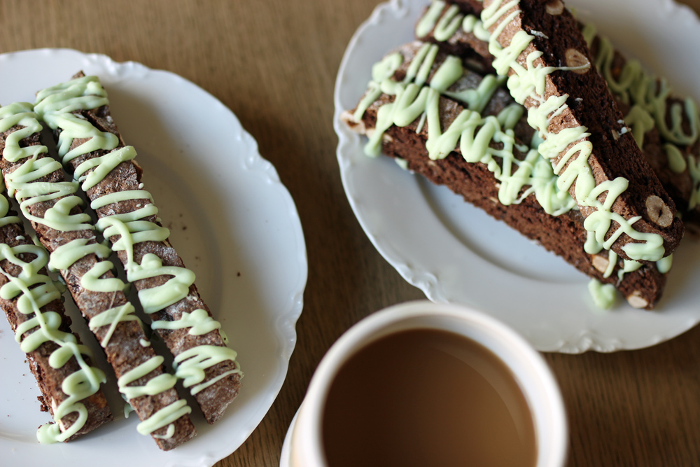 chocolate biscotti with mint chocolate coating