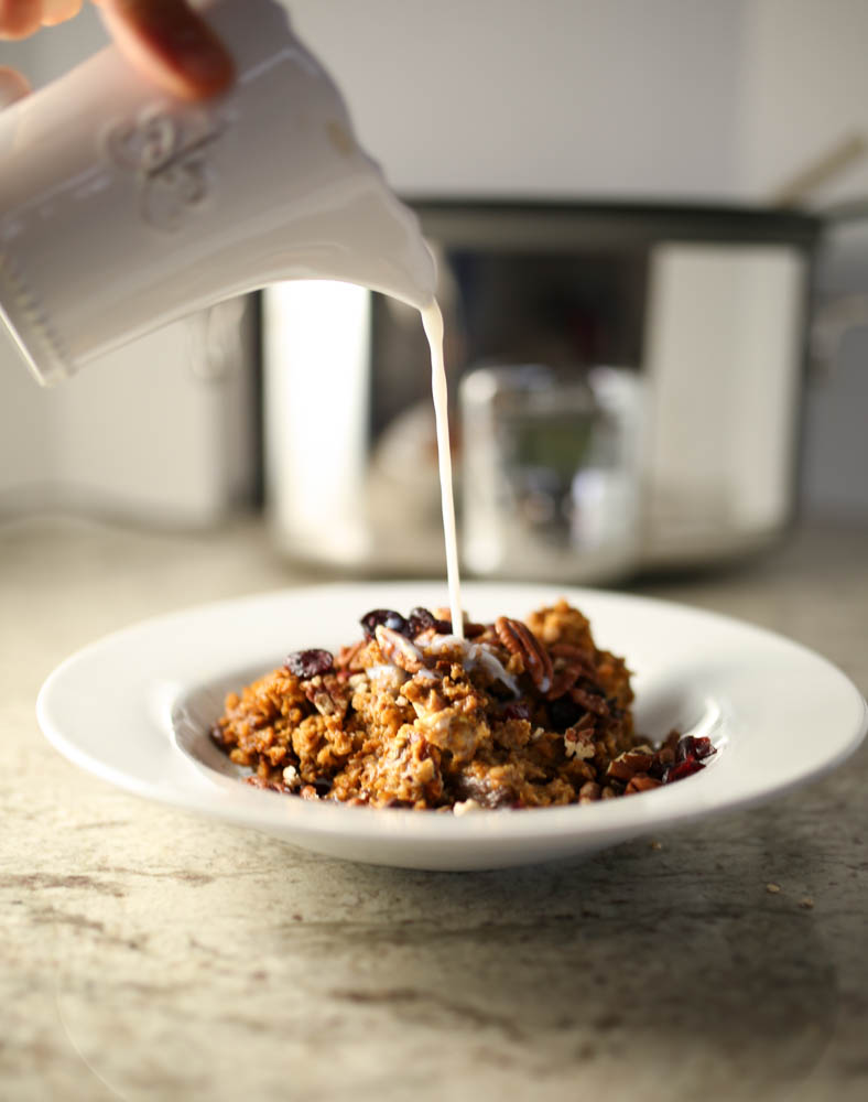 pumpkin pie slowcooker oatmeal with caramelized bananas