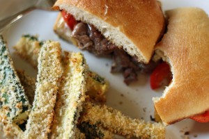 steak sandwich and zucchini fries