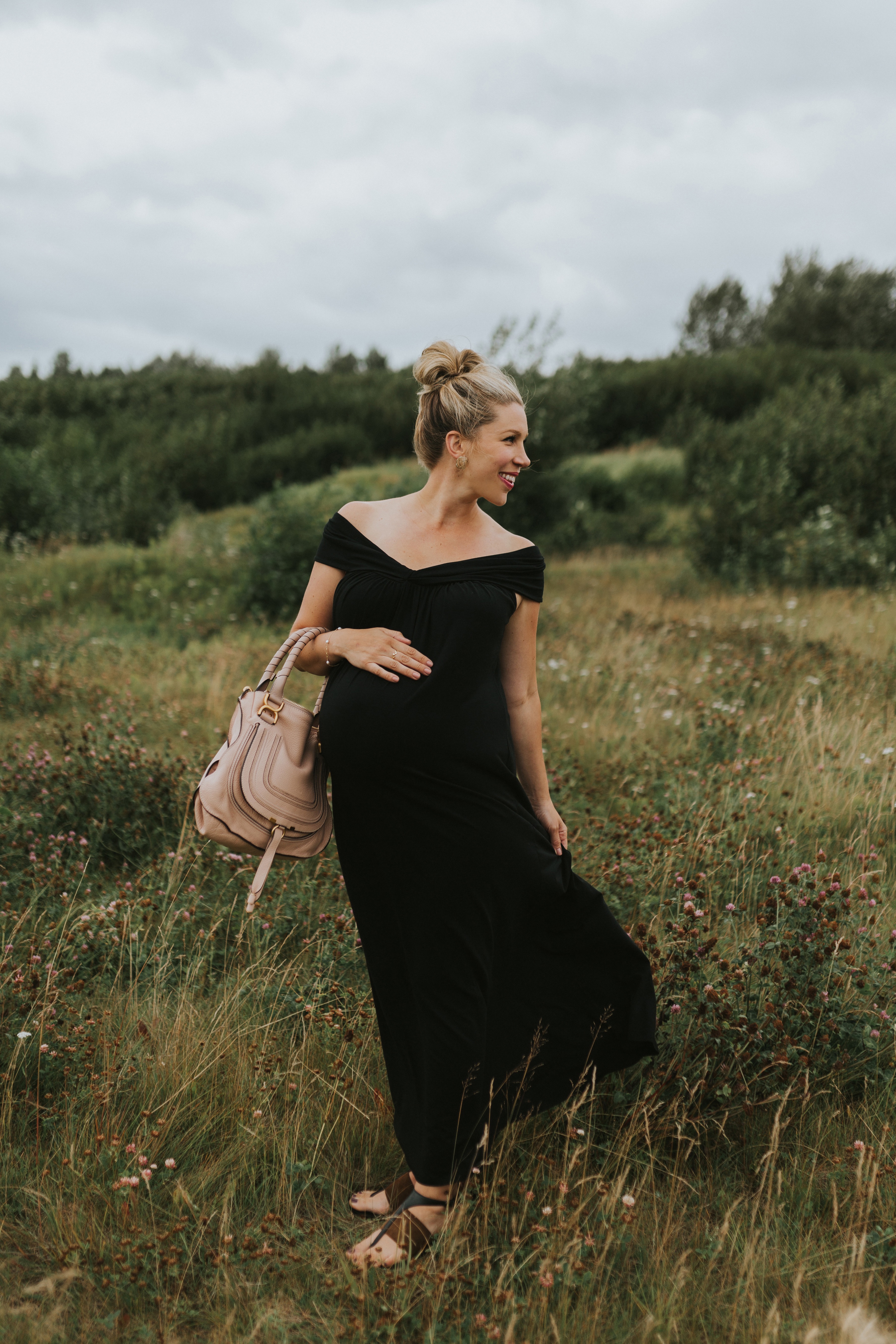 black off-shoulder maternity dress